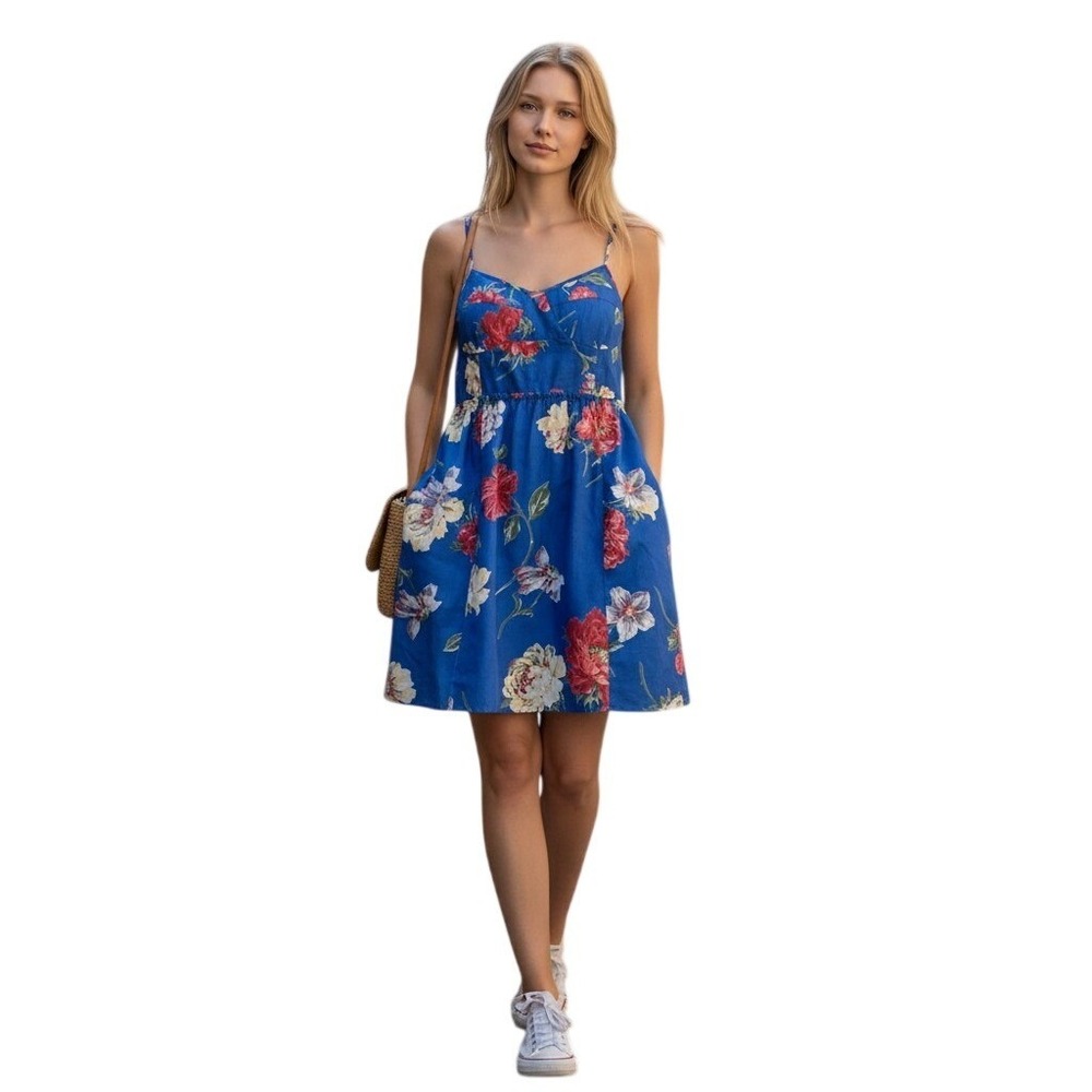 American Eagle Blue Floral Sun Dress XL Smocked Back Pockets Sweetheart Neck